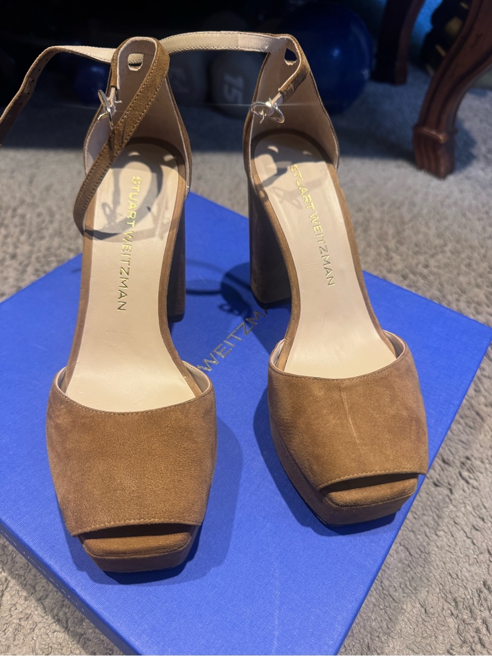 Stuart Weitzman Tan Suede Peep-Toe Ankle-Strap Platform Heels